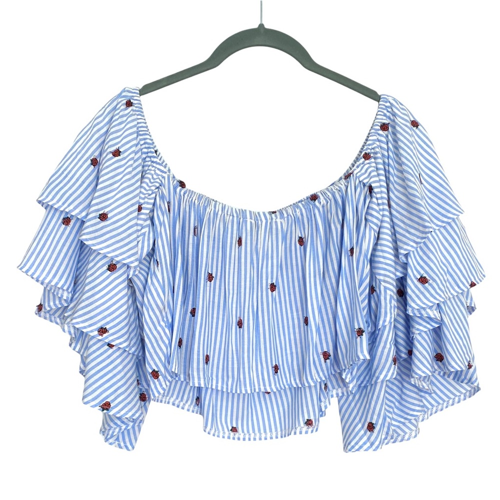 Olivaceous Crop Top BLOUSE Stripes Floral BLUE WHITE M - Picture 16 of 16